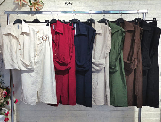 Completo Donna Gonna con Spacco e Camicia con Colletto Coordinato Stile Lino in 7 Colori – 7649