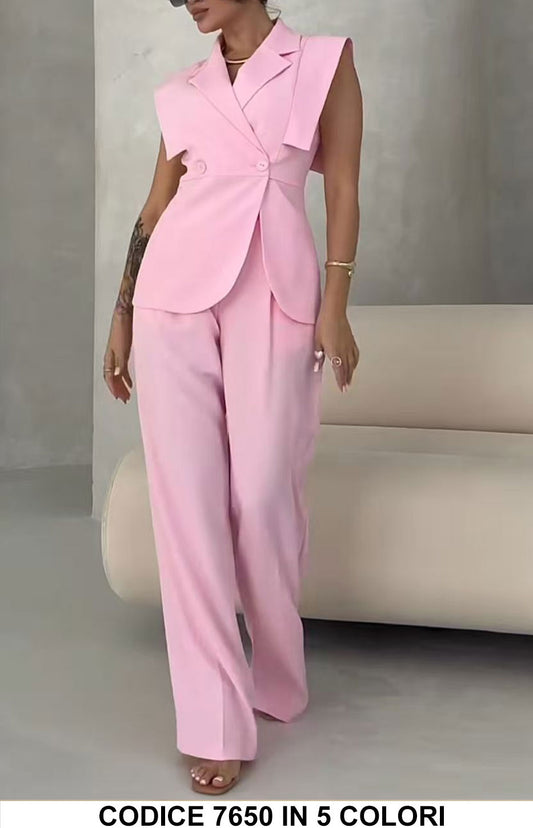 Completo Donna Gilet Doppiopetto e Pantalone Palazzo Coordinato Tailleur Elegante in 4 Colori – 7650