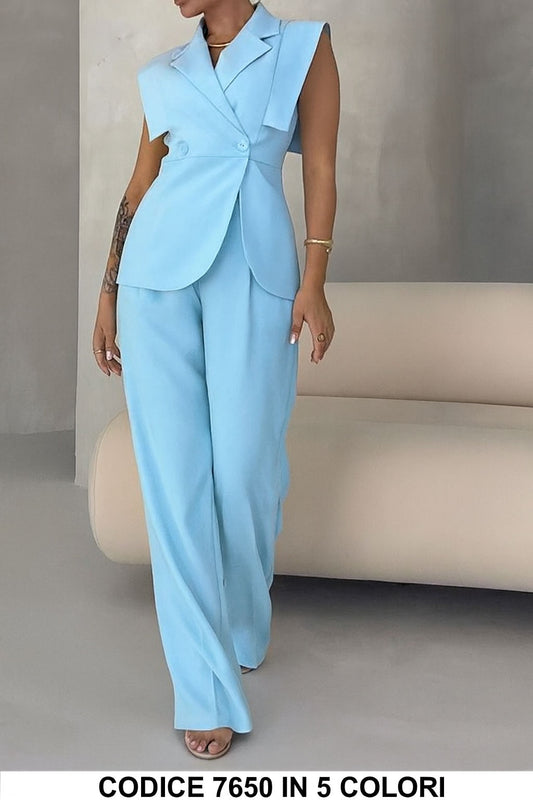 Completo Donna Gilet Doppiopetto e Pantalone Palazzo Coordinato Tailleur Elegante in Celeste – 7650Out