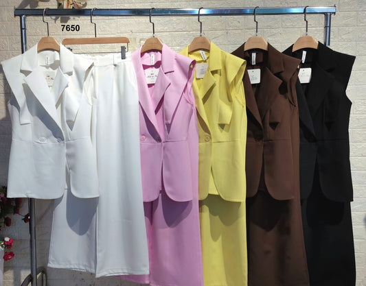 Completo Donna Gilet Doppiopetto e Pantalone Palazzo Coordinato Tailleur Elegante in 4 Colori – 7650