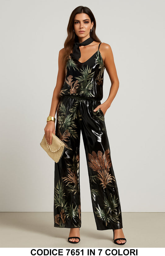 Completo Tropicale Donna Rasato con Top a Spalline e Pantalone Palazzo Coordinato Jungle in 7 Colori – 7651