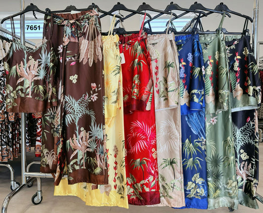 Completo Tropicale Donna Rasato con Top a Spalline e Pantalone Palazzo Coordinato Jungle in 7 Colori – 7651