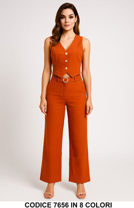 Completo Donna Gilet con Bottoni Gioiello Spilla Spallina Pantalone Palazzo Coordinato in 8 Colori – 7656