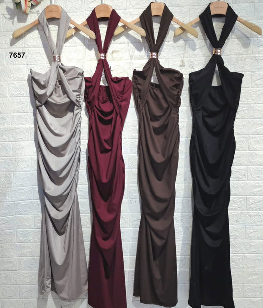 Abito Lungo Elegante Cerimonia Scollo Halter Fermaglio Gioiello Vestito Evento in 4 Colori - 7657