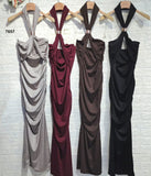 Abito Lungo Elegante Cerimonia Scollo Halter Fermaglio Gioiello Vestito Evento in 4 Colori - 7657
