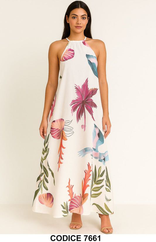 Abito Lungo Bianco Fantasia Tropicale Vestito Mare Allacciato al Collo Casual Aperitivo Estate - 7661