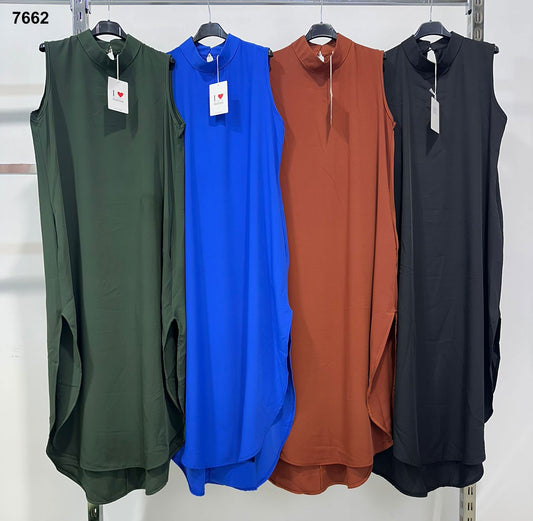 Abito Lungo Smanicato Casual Spacchi Laterali Vestito Aperitivo Estate Elegante in 4 Colori - 7662