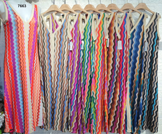 Abito Lungo Colorato Multicolore con Bretelle Vestito Stampa Zig Zag Elegante Casual in 9 Colori - 7663