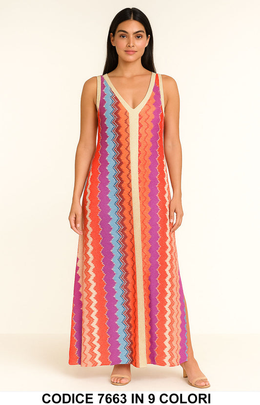 Abito Lungo Colorato Multicolore con Bretelle Vestito Stampa Zig Zag Elegante Casual in 9 Colori - 7663