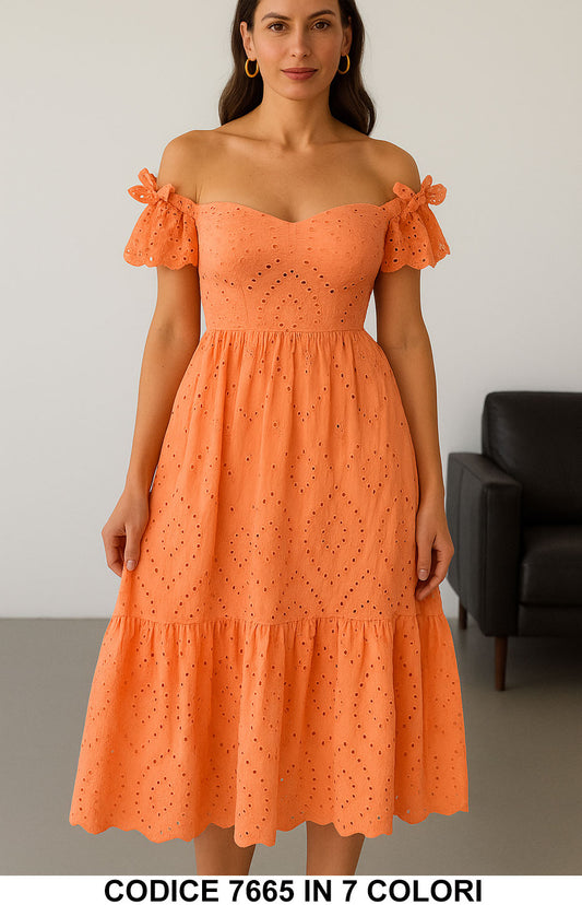 Abito Lungo Midi Macramè Spalline Scese con Fiocchi Vestito Elegante Evento Aperitivo in 7 Colori - 7665