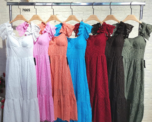 Abito Lungo Midi Macramè Spalline Scese con Fiocchi Vestito Elegante Evento Aperitivo in 7 Colori - 7665