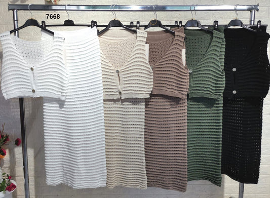 Completo Maglia Top Gonna Lunga Midi Trama Righe Orizzontali Coordinato Casual in 5 Colori - 7668