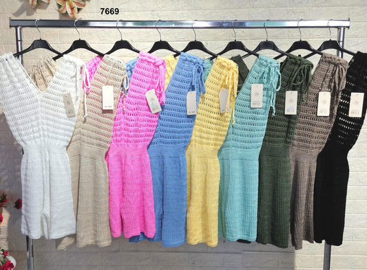 Tuta Corta Intera Effetto Merletto Tutina Jumpsuit Estate Aperitivo Serata in 9 Colori - 7669