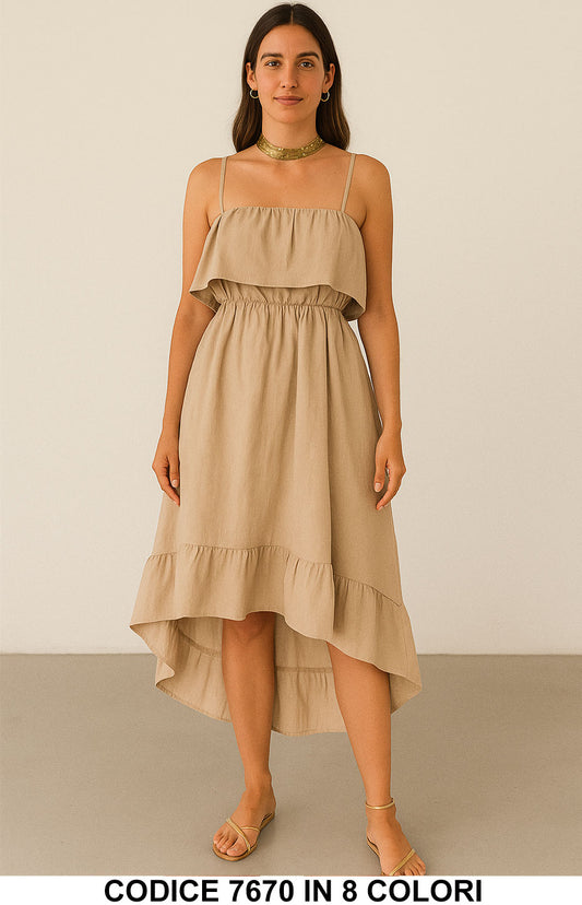 Abito Lungo Midi Asimmetrico con Balze Scollatura con Rouche Vestito Casual Aperitivo in 8 Colori - 7670