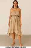 Abito Lungo Midi Asimmetrico con Balze Scollatura con Rouche Vestito Casual Aperitivo in 8 Colori - 7670