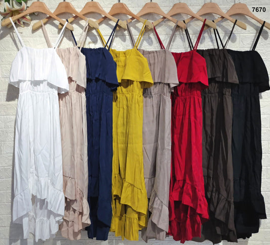 Abito Lungo Midi Asimmetrico con Balze Scollatura con Rouche Vestito Casual Aperitivo in 8 Colori - 7670
