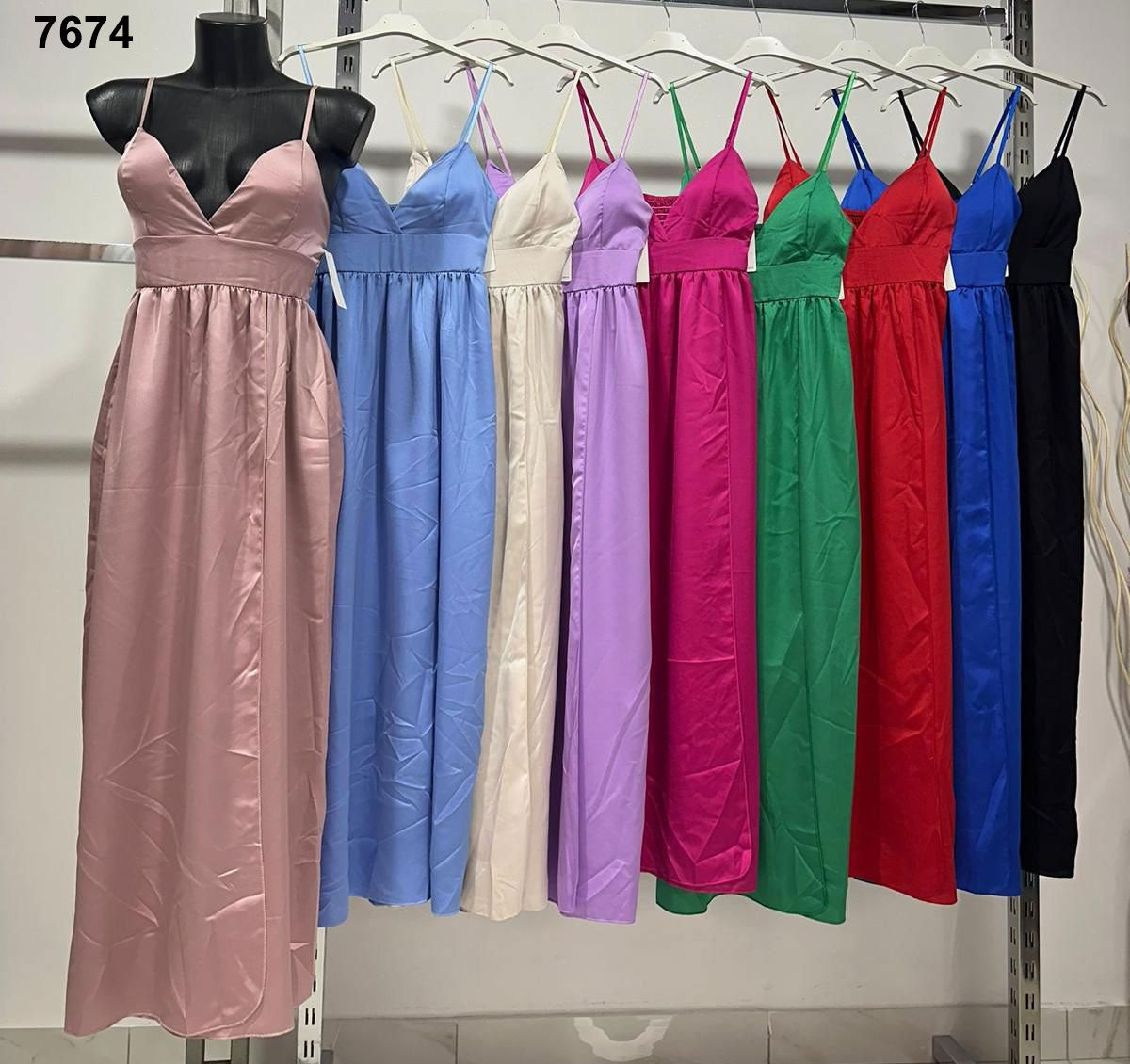 Abito Lungo Elegante Rasato con Spalline Sottili Vestito Cerimonia Evento Serata in 9 Colori - 7674