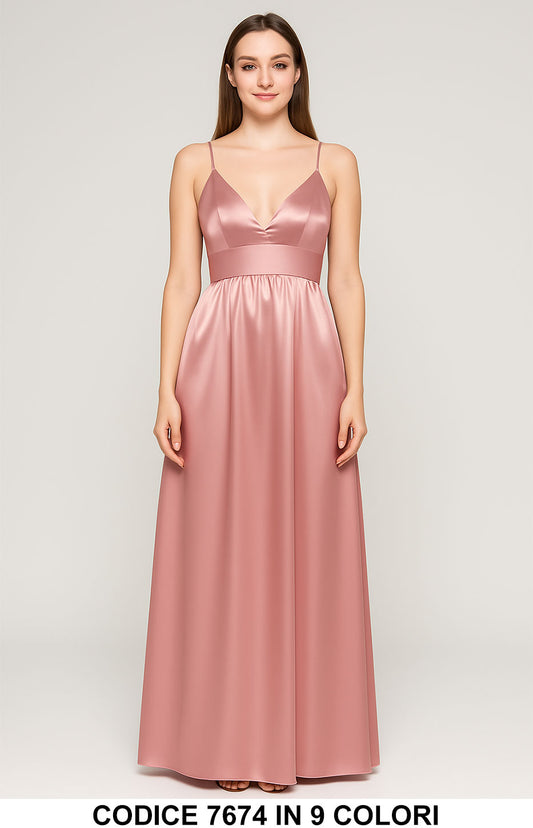 Abito Lungo Elegante Rasato con Spalline Sottili Vestito Cerimonia Evento Serata in 9 Colori - 7674