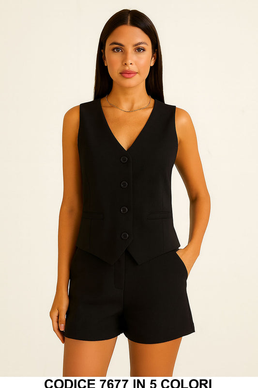 Tailleur Estivo con Gilet e Shorts Completo Elegante Casual Stile Moderno e Linea Pulita in Nero - 7677Out
