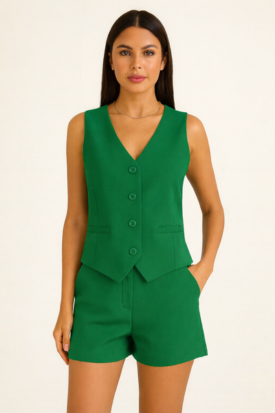 Completo Gilet e Shorts Completo Elegante Casual Stile Moderno e Linea Pulita in Verde - 7677