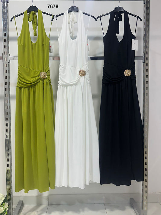 Abito Lungo Elegante con Spacco e Fiocco al Collo Vestito Spilla Gioiello Raffinato in 3 Colori - 7678