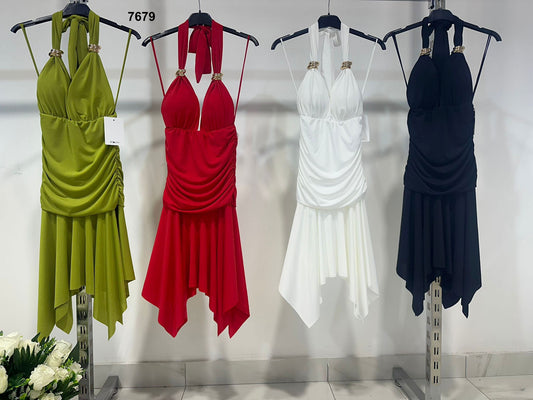 Abito Corto Elegante con Spalline Gioiello e Gonna Asimmetrica Vestito Sensuale Serata in 4 Colori - 7679