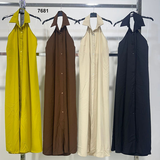 Abito Lungo Camicia Estiva Senza Maniche Vestito Chemisier Colletto Classico Linea Ampia in 4 Colori - 7681