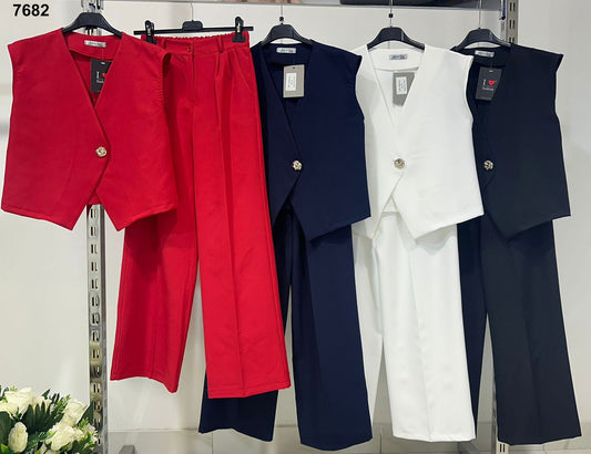 Tailleur Estivo Donna con Gilet e Pantalone Palazzo Completo Coordinato Elegante Casual in 4 Colori - 7682