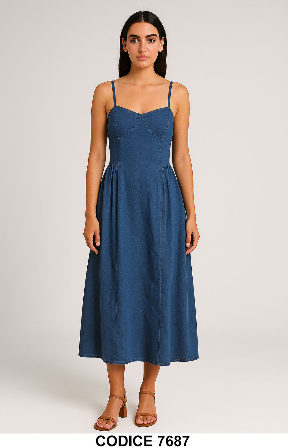 Vestito Lungo in Denim con Spalline Sottili Abito Blu Jeans Elegante Casual Midi – 7687