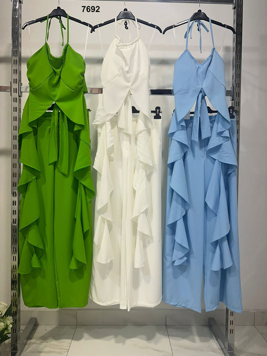 Completo Elegante 2 Pezzi con Top Allacciato e Pantalone a Volant – Verde, e Azzurro – 7692