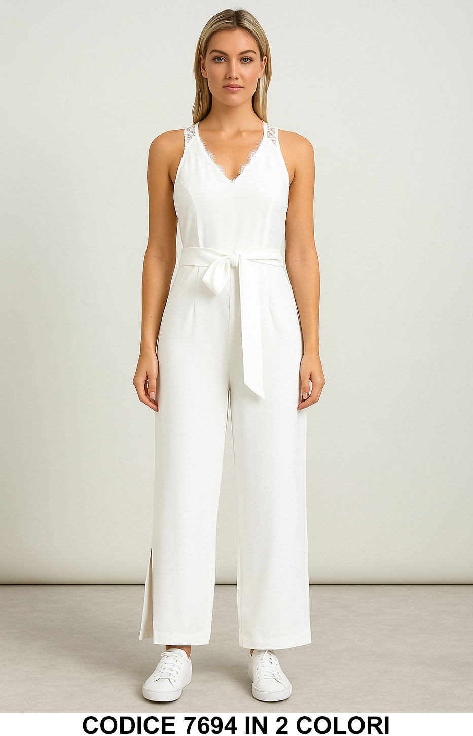 Completo Elegante 2 Pezzi con Top in Pizzo e Pantalone a Vita Alta – Bianco e Beige – 7694