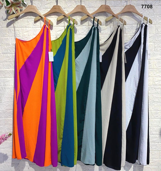 Abito Lungo Asimmetrico Fantasia Geometrica – Vestito Estivo in 5 Colori – 7708