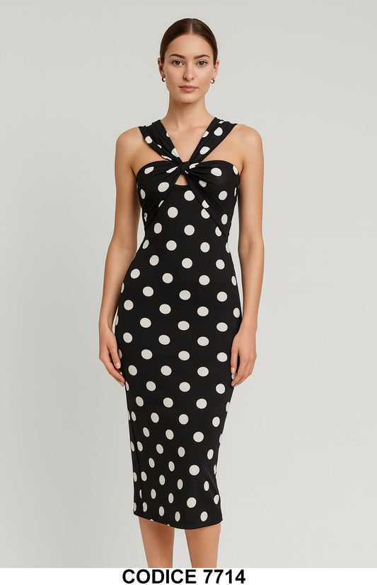 Abito Midi Nero a Pois con Nodo sul Seno – Elegante e Femminile per Serate o Eventi – 7714
