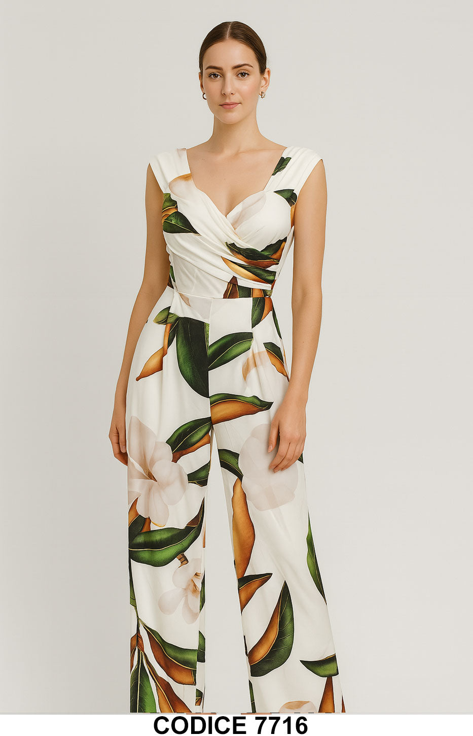 Jumpsuit Elegante con Stampa Floreale su Base Avorio – Tuta Lunga Intera Estiva con Scollo Incrociato – 7716