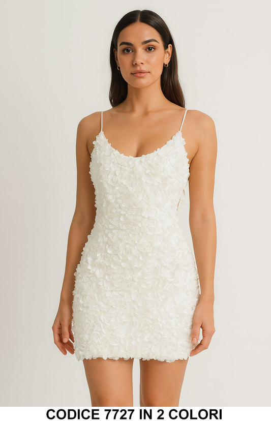 Miniabito con Fiori 3D e Spalline Sottili – Vestito Elegante da Cerimonia in Bianco o Nero – 7727