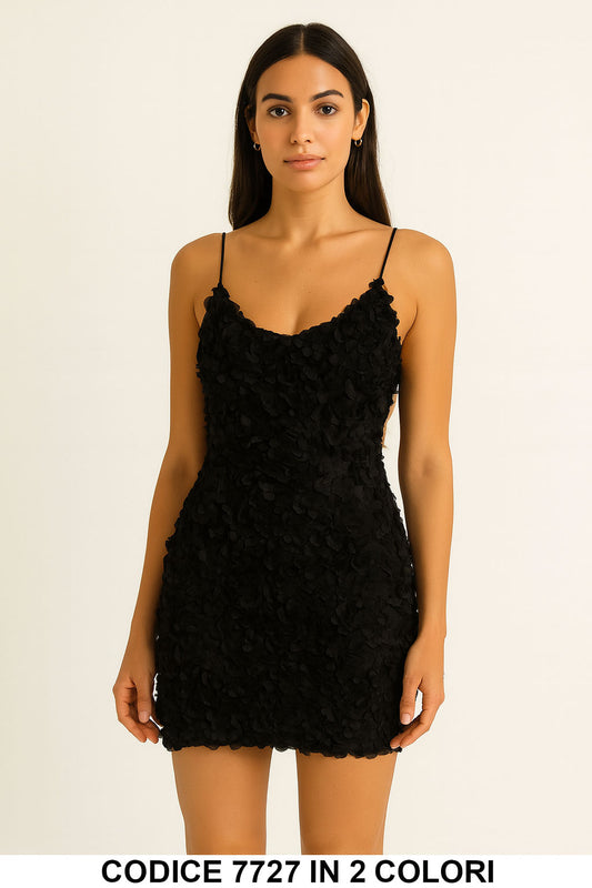 Miniabito con Fiori 3D e Spalline Sottili Vestito Elegante da Cerimonia in Nero – 7727Out