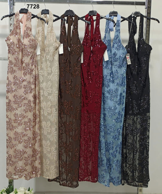 Abito Lungo Elegante in Paillettes con Scollo Profondo – Vestito da Cerimonia o Sera in 6 Colori – 7728