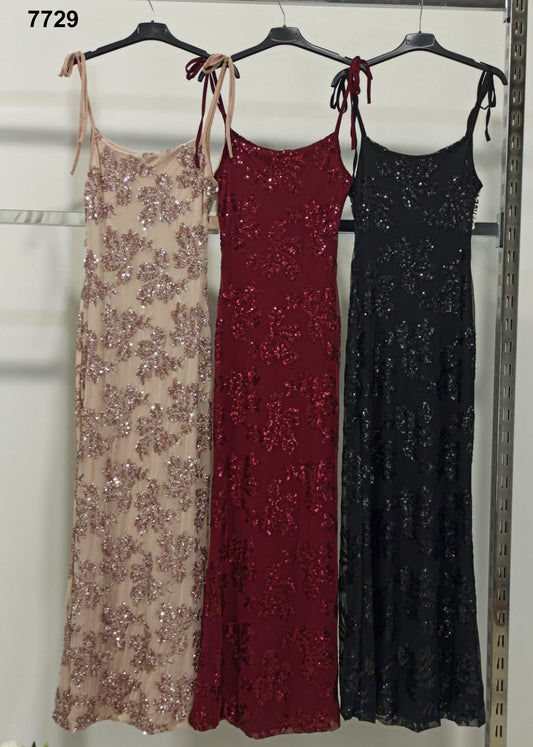 Abito Lungo Elegante in Paillettes con Spalline a Fiocco – Vestito da Cerimonia in Nero, Bordeaux – 7729
