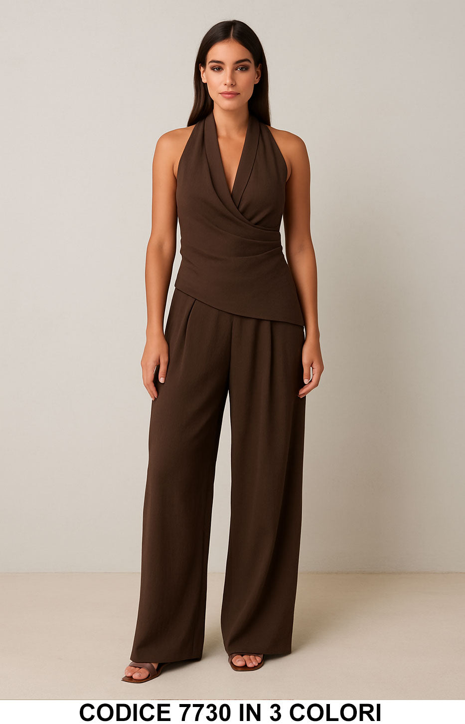 Completo Estivo con Top Drappeggiato e Pantaloni Palazzo – Elegante in Bianco, Nero e Marrone – 7730