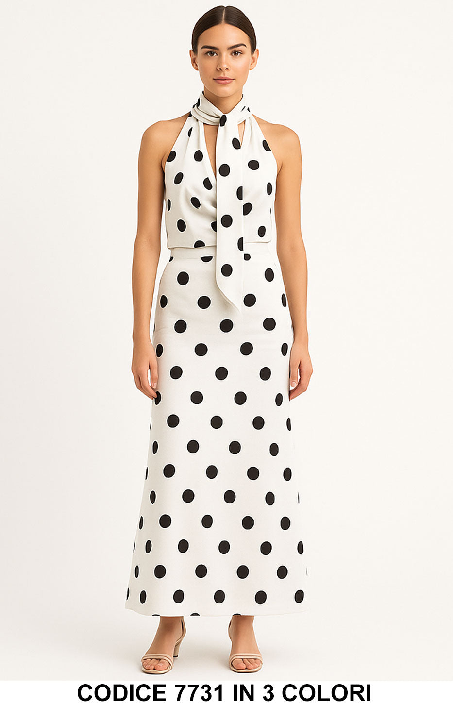 Completo Elegante 3 Pezzi a Pois – Top con Fiocco, Gonna Lunga e Sciarpa in 3 Colori – 7731