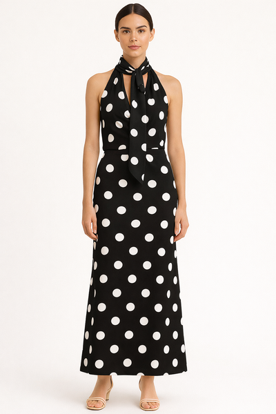 Completo Elegante 3 Pezzi a Pois – Top con Fiocco, Gonna Lunga e Sciarpa in Nero – 7731