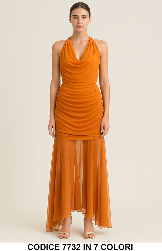Abito Lungo con Drappeggio e Gonna in Tulle – Elegante e Sensuale in 7 Colori – 7732