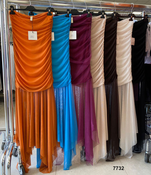 Abito Lungo con Drappeggio e Gonna in Tulle – Elegante e Sensuale in 7 Colori – 7732