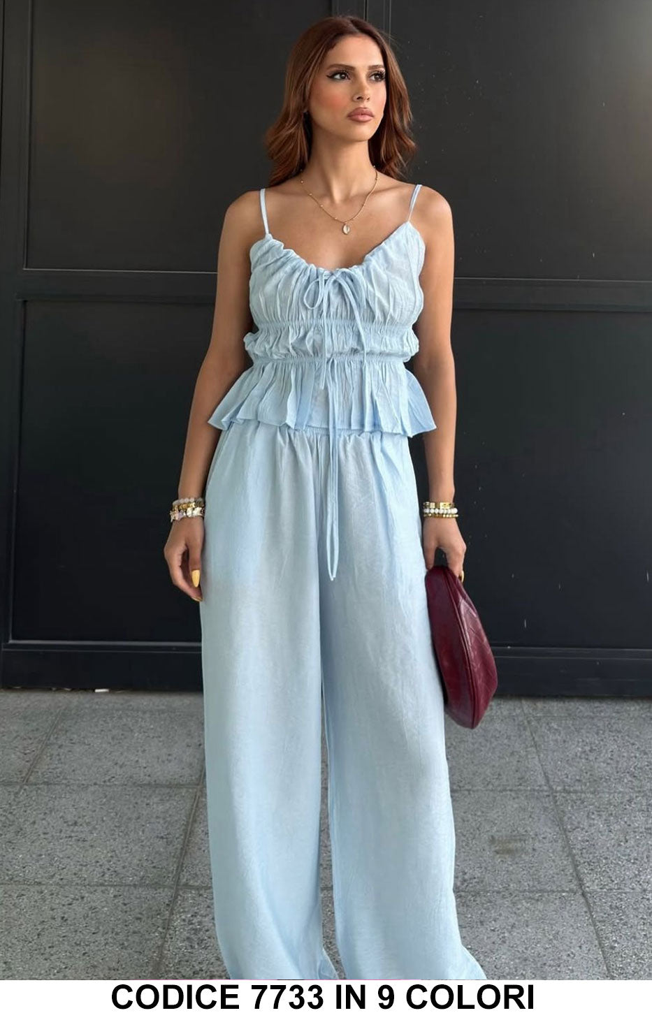 Completo Estivo 3 Pezzi con Top Arricciato – Outfit Fresco e Versatile in 9 Colori – Codice 7733