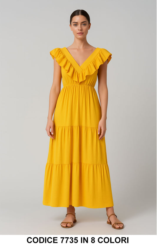 Abito Lungo con Volant Scollo a V – Vestito Estivo in 8 Colori Aperitivo Cerimonia – 7735