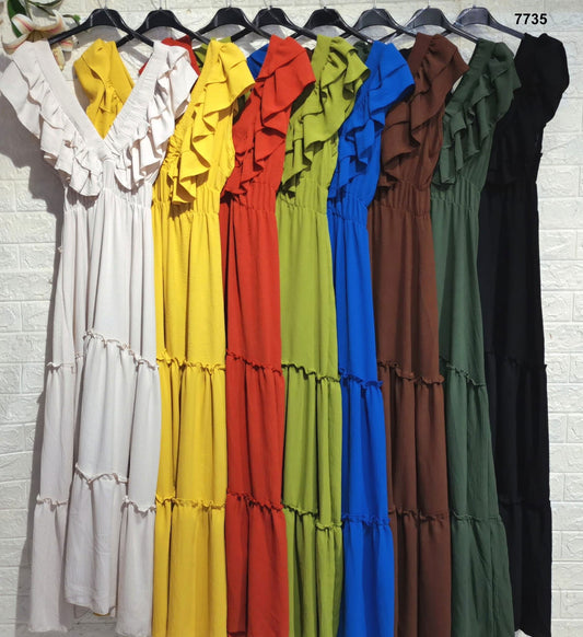 Abito Lungo con Volant Scollo a V – Vestito Estivo in 8 Colori Aperitivo Cerimonia – 7735