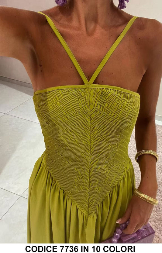 Abito Lungo Estivo con Corpino a Nido d’Ape e Spalline Incrociate – Vestito Romantico in 10 Colori – 7736