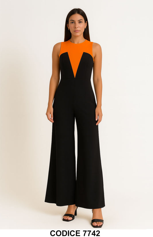 Tuta Lunga Elegante con Dettaglio Geometrico Jumpsuit Nero Scollo Arancio Estate – 7742