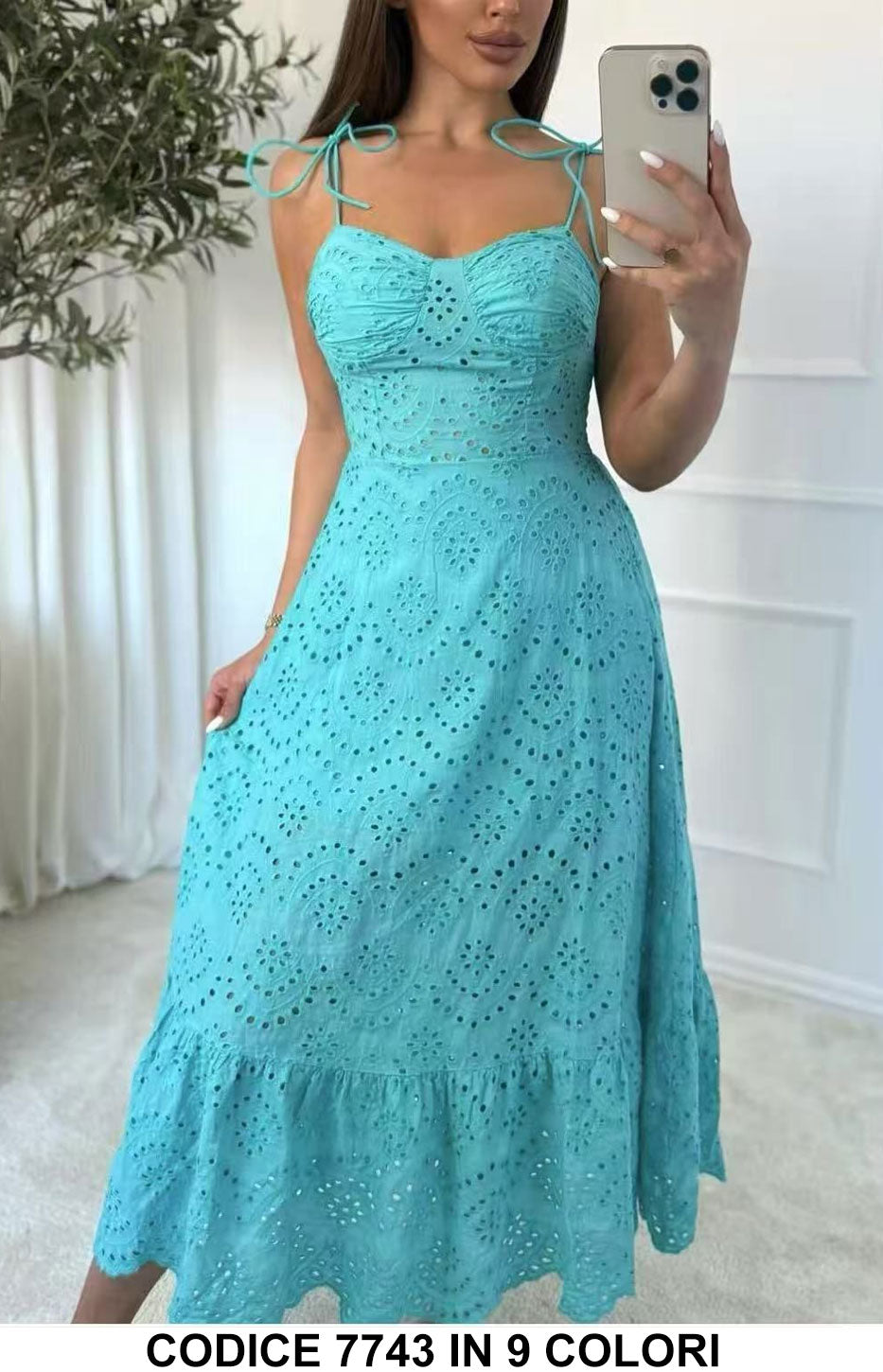 Abito lungo sangallo con spalline sottili Vestito Casual Romantico in 9 colori estivi– 7743