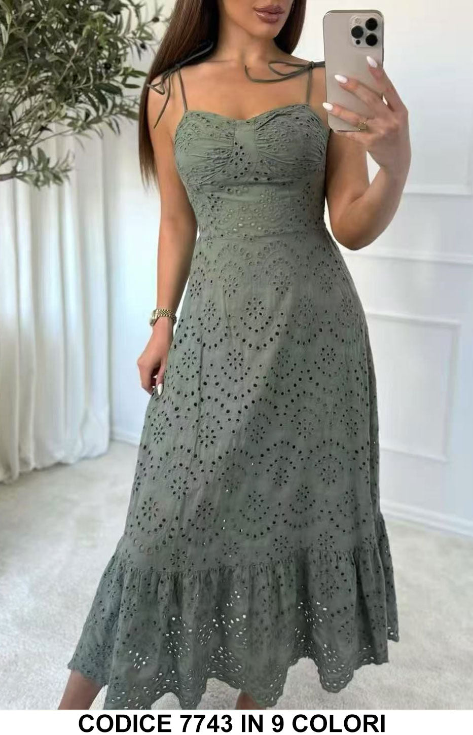 Abito lungo sangallo con spalline sottili Vestito Casual Romantico in 9 colori estivi– 7743